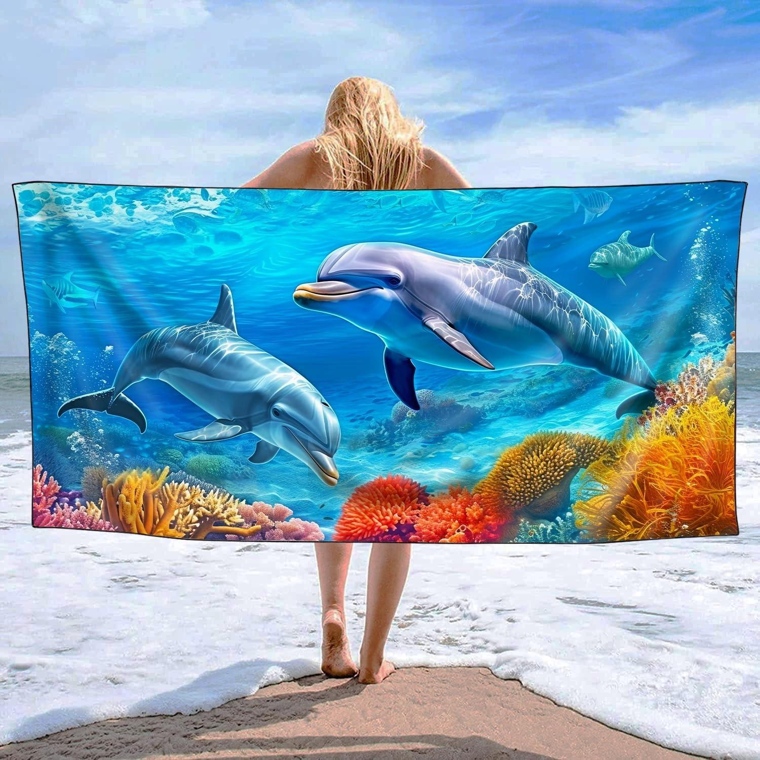 

1PC Cute dolphin pattern Beach Towel for Family stuffs friend Gift Quick-Dry Sand free For Bath Yoga Beach Camping Swimming GYM W30*H60(CM)