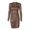 New Autumn and Winter PU Leather Fashion Sexy Dress Women Slim Fit Shoulder Pad Pleated Black Dresses Women Long Sleeve Casual Lady Party Dress 25842