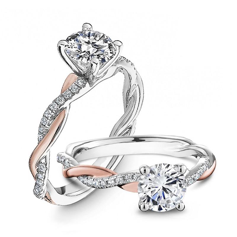 Delicate Two Tone Twist Women Rings Classic 4 Claw Design Shiny CZ Female Wedding Engagement Rings Romantic Girl Gift New