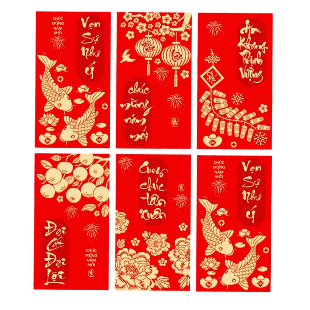 Pack of 6 Vietnamese Lunar New Year Red Envelopes With Festive Horse Design and Matte Finish for 2026 Celebrations