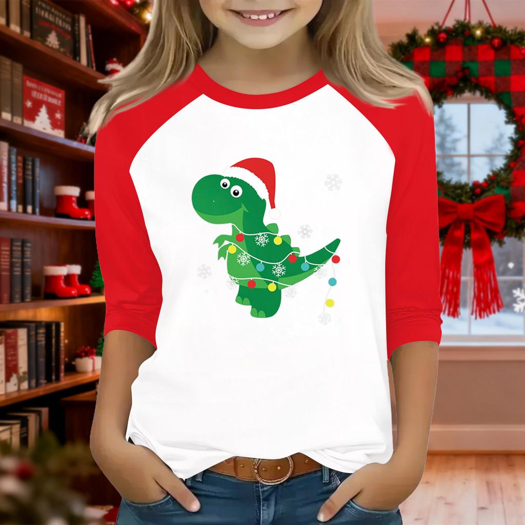 Tops For Youth Girls 4-16 Years Round Neck 3/4 Sleeves T-Shirts Trendy Tops Outfit Tees Christmas Day