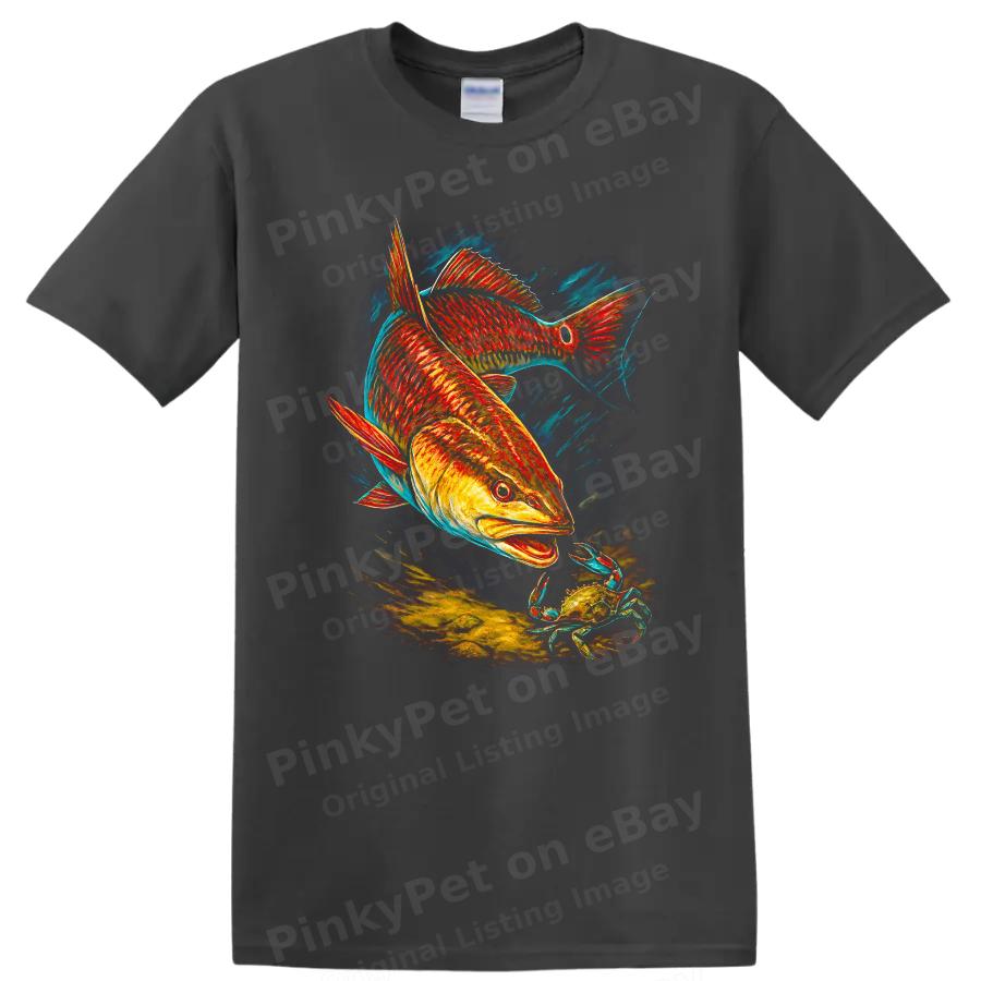 Fish T Shirt Red Fish Crab Ocean Scene Graphic Tee Art Print Fishing Wildlife