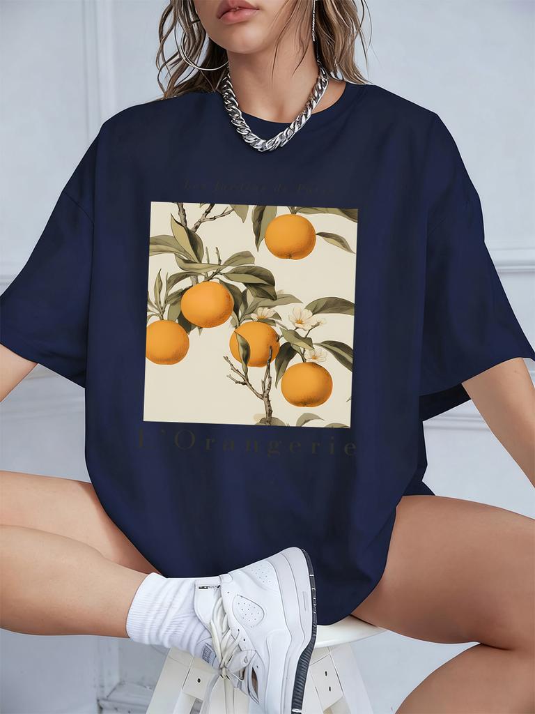 Fresh Oranges Fruits Print Short Sleeve TShirts Womens Summer Cotton Tee Shirts Loose ONeck Soft Tops Casual Womans Clothes