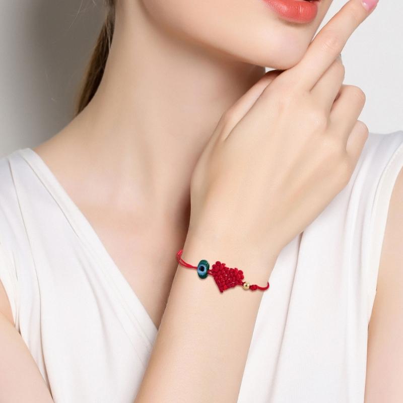 Handcrafted Red Cord Evil Eyes Bracelet With Heart Charm Adjustable Wrist Jewelry For Women Men Friendship Gift