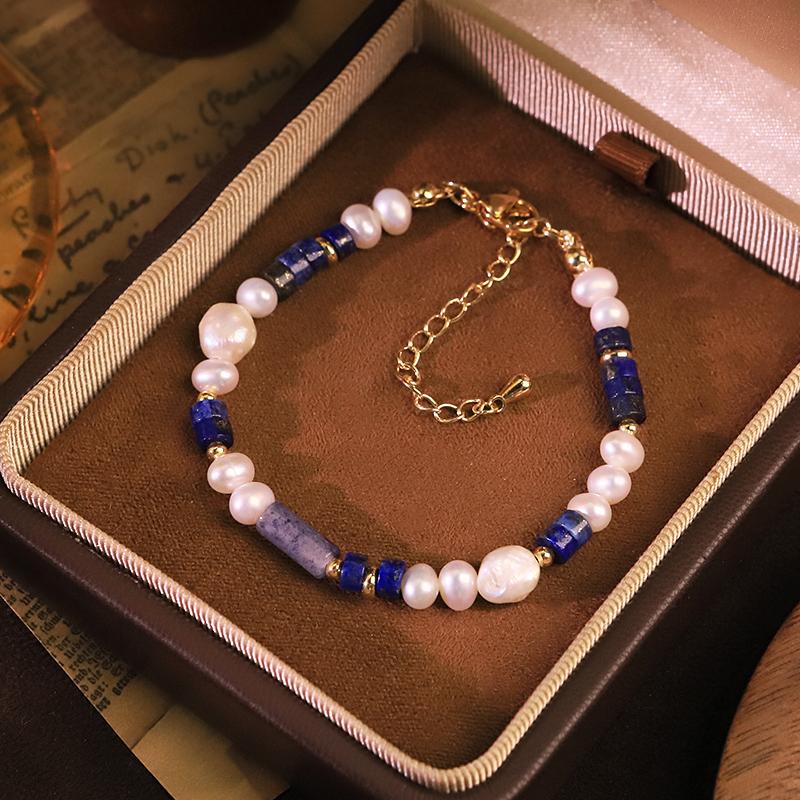 Natural Freshwater Pearl Lapis Lazuli Beaded Bracelet for Women Daily Office Wedding Party Pearl Bracelet Bohemian Jewelry