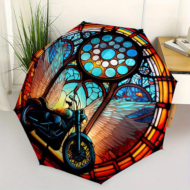 Stained Glass Motorcycle Wall Art Decor, Unique Stained Glass Motorcycle Window Panel for Home or Office Decoration Umbrella, Cute Umbrella with Cute
