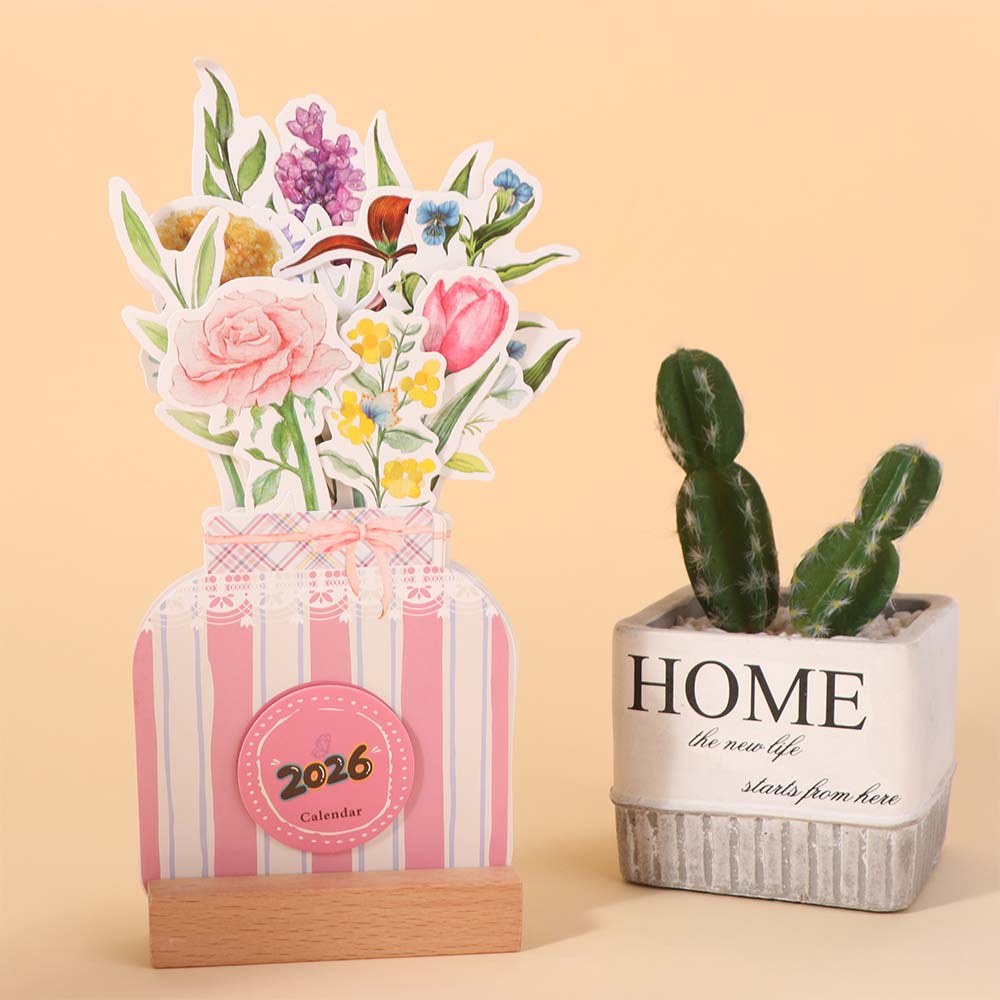 Paper Craft Mini Desk Calendar Wooden Stand Vase-Like Calendar Standing Desk Calendar  Office
