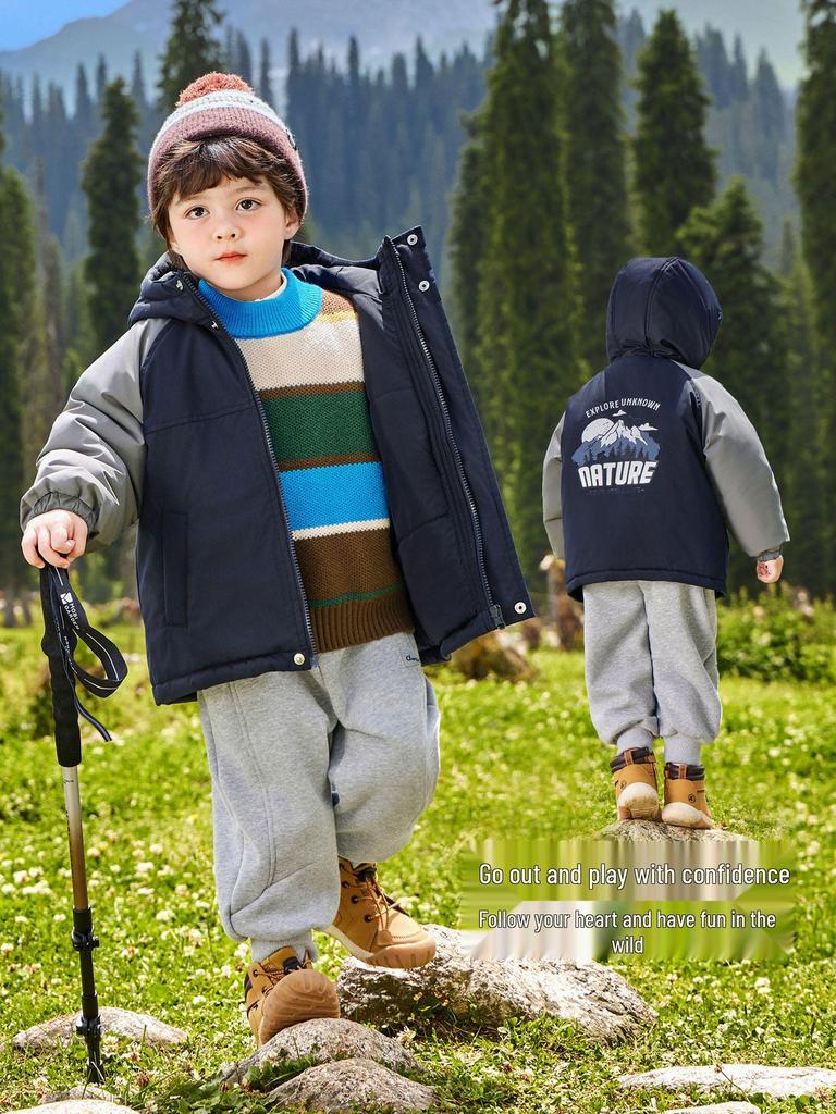 2025 New Boys' Thickened Hooded Cotton Jacket - European Winter Style with Contrasting Colors for Toddlers and Children