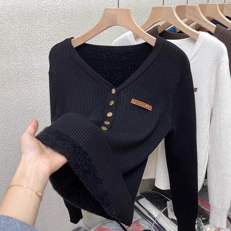 

Thicken Velvet V-neck Sweater Women Korean Fashion Lined Warm Sueter Knitted Pullover Slim Top Winter Jersey Knitwear Jumpe S