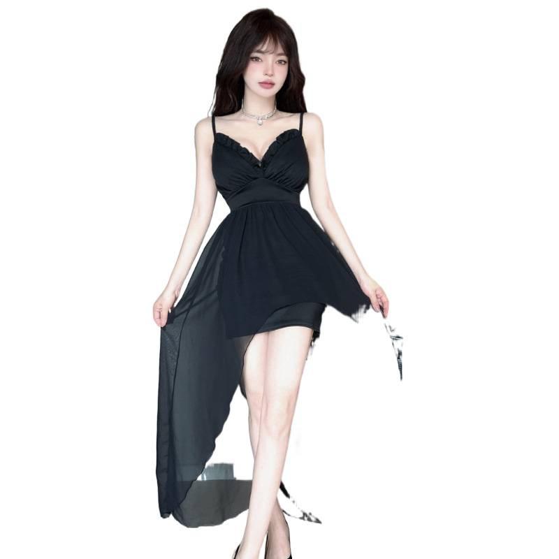 Elegant Low-Cut Bodycon Dress with Irregular Straps and Flared Hem