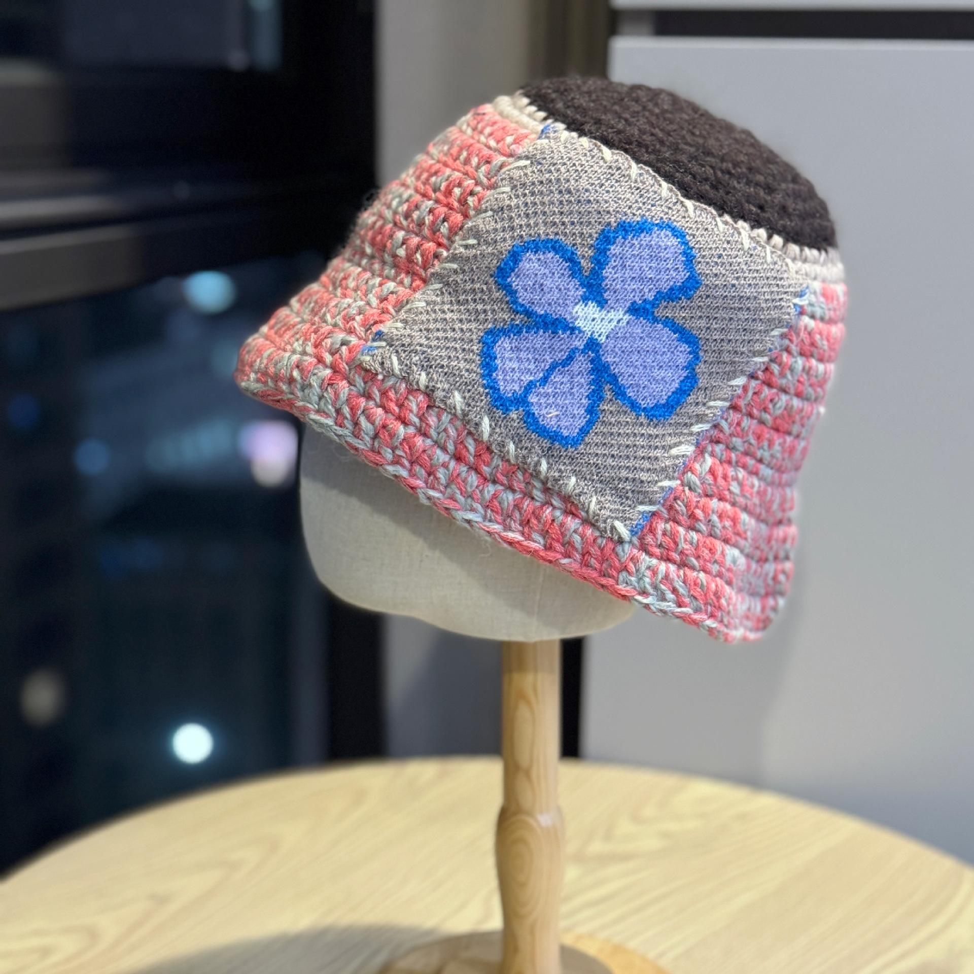 

Hand woven Patchwork Woolen Hat for Women in Autumn and Winter Face Showing Small Toe Cap Warm Knitted Fisherman Hat one size
