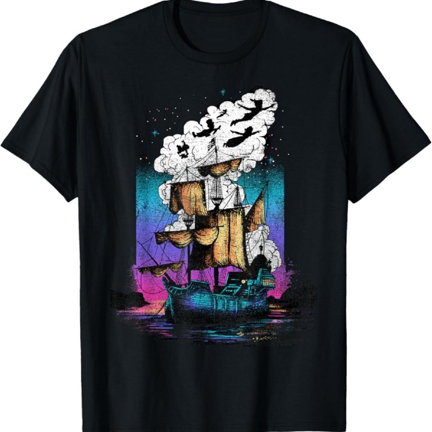 Disney Peter Pan Pirate Ship Flight Neon Graphic T-Shirt T-Shirt S