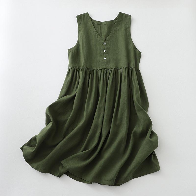 

Women s Cotton Linen Sleeveless Dress Casual V Neck Button Down Loose Midi Dresses for Summer Women s Casual Dresses 2XL армія зелений колір
