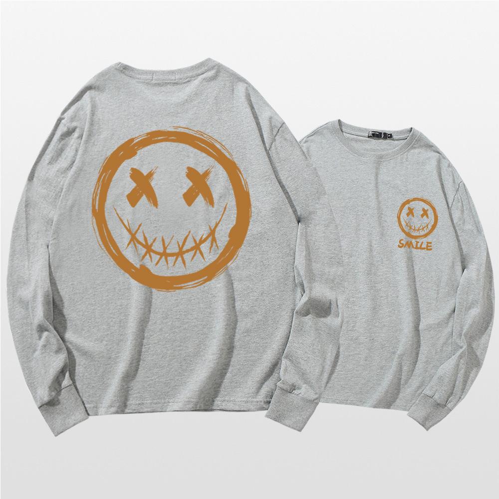 Japanese long-sleeved T-shirt men's summer tide personality graffiti smiley face print little devil grimace Hong Kong style loose top