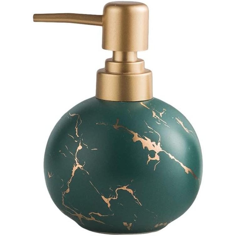 Gold Soap Dispenser for Bathroom or Kitchen, Cute Marble Round Ceramic Lotion Bottle, Rust-Free Pump(White)