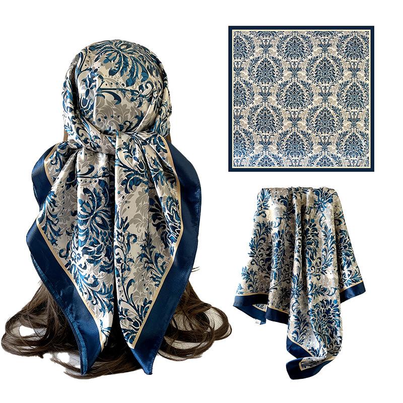 Vintage-print Silk Scarf, 90×90cm, Faux Silk Headscarf, Glossy Satin Headscarf, Head-wrapping Scarf