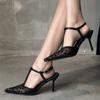 Fashion Sexy Pointy Toe Mesh Heeled Sandals Women Luxury Bling Decorated High Heels Elegant T-Strap Ankle Strap Buckle Party Dress Shoe