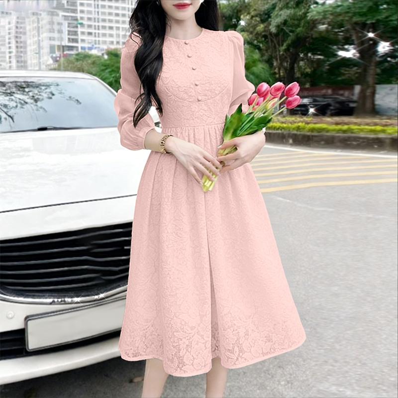 ZANZEA Women Elegant Round Neck Long Sleeve Lace Patchwork Casual Dress
