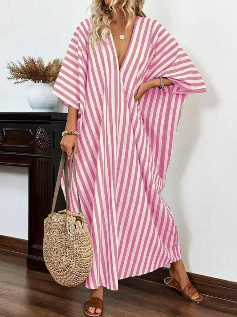 Women's Deep V Neck Short Sleeve Maxi Dress Loose Fit Striped Casual Vacation Long Dress