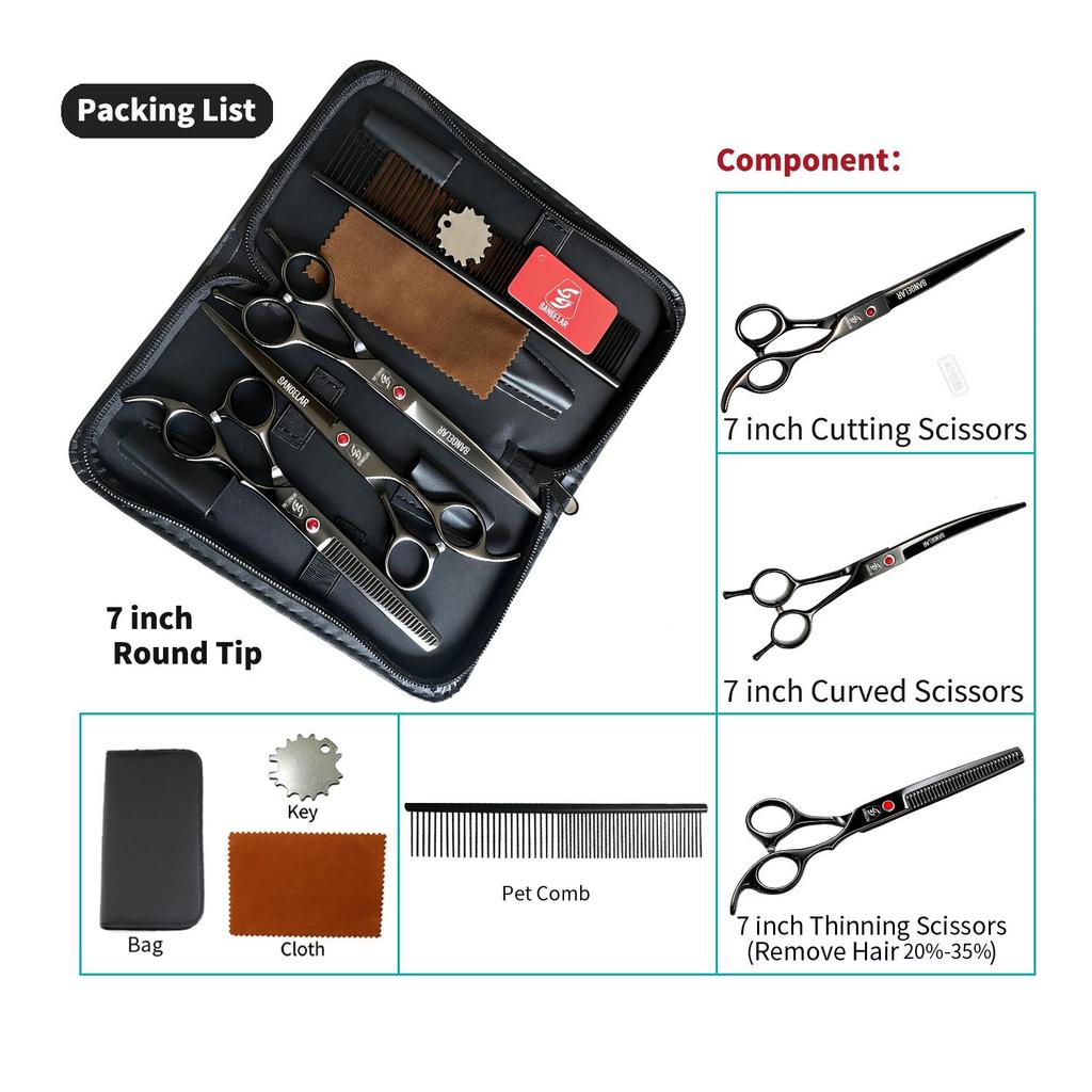 Sangelar 7 inch Pet Grooming Scissors Professional Groomer Dog Cat Pet Hair Care Tools Grooming Scissors Cutting Shear Curved Scissors Thinning