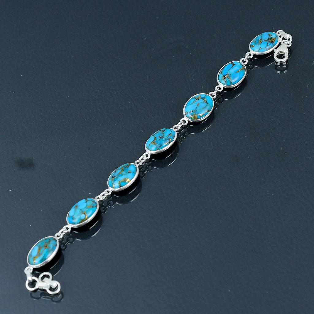 Natural Copper Turquoise Gemstone Bracelet, 925 Sterling Silver, 7 Inch To 8 Inch Link Bracelet, Handmade Bracelet Jewerly Gift For Valentine's Day