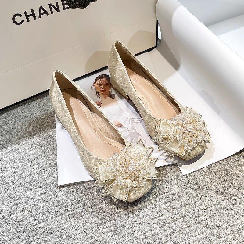 Flat single shoes women's 2025 new soft sole square head shallow mouth French gentle wind one pedal bridesmaid wedding shoes bride shoes