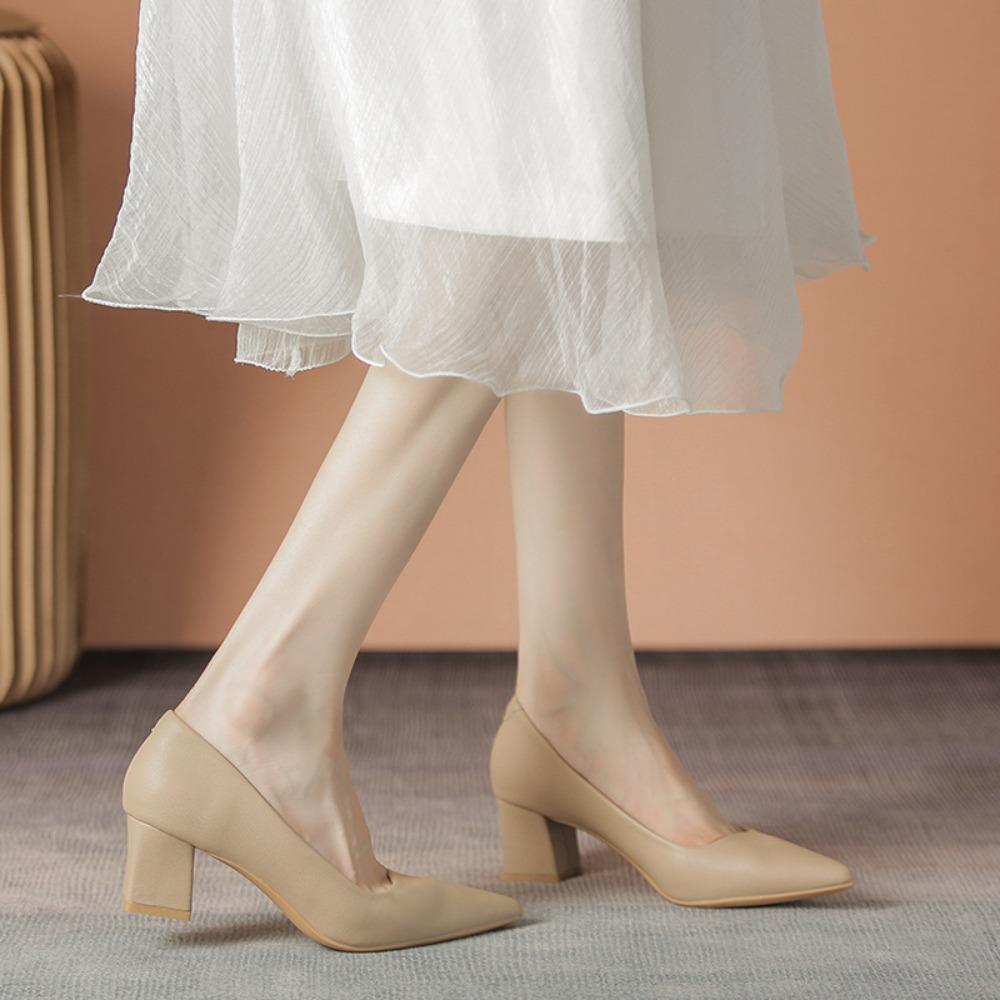 Women's French Nude High Heels 2025 Spring Autumn New Soft Leather Non-Tiring Feet Commuting Work Interview Versatile Shoes XCY40-555