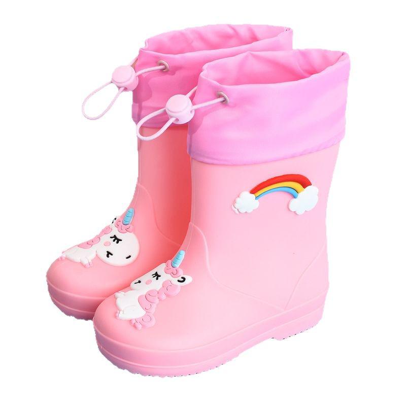 Cizme de ploaie pentru copii cu desene animate - Căptușite cu fleece, Antiderapante, Șnur pentru băieți și fete, Pantofi de grădiniță pentru toate anotimpurile