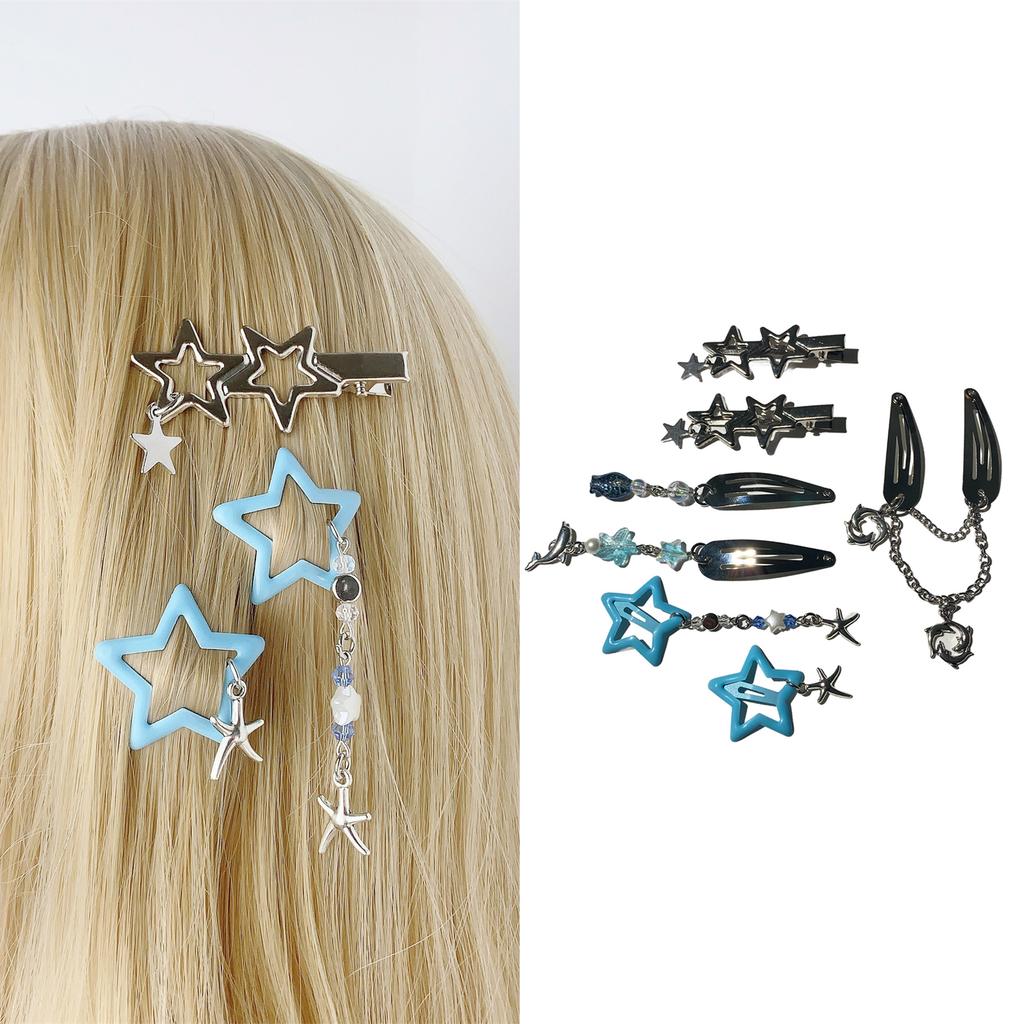 7pcs Fringed Chain Five Pointed Star Hair Clip Set Korean Hairpin Fashionable Hair Ornament Hair Styling Decorative Clip