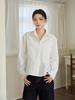 Women's White Cotton Shirt, Loose Fit, Lapel, Cinched Waist, Patchwork, Elegant, Versatile, Slimming, Long Sleeve
