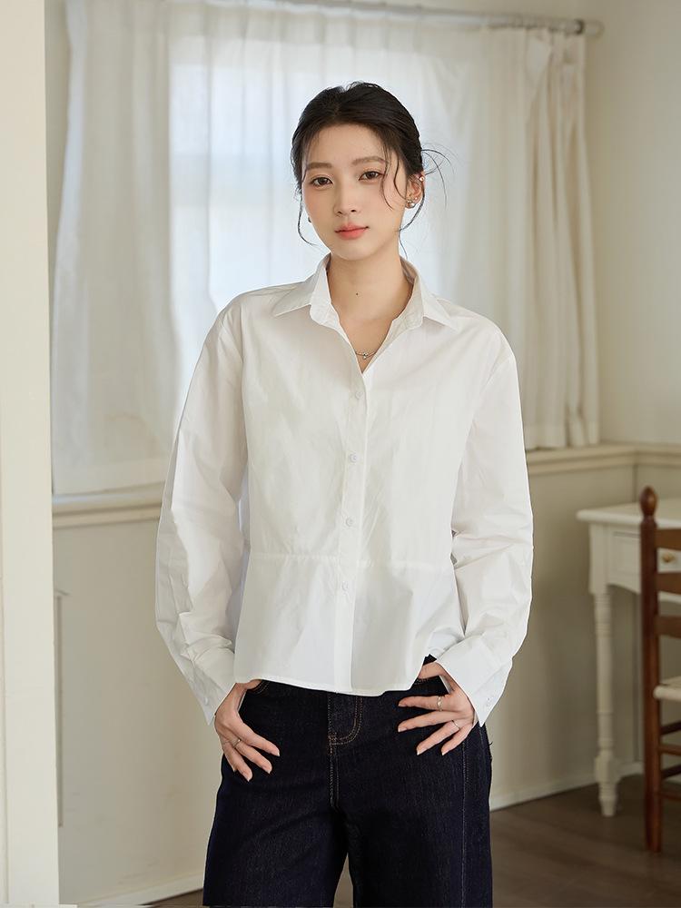 Women's White Cotton Shirt, Loose Fit, Lapel, Cinched Waist, Patchwork, Elegant, Versatile, Slimming, Long Sleeve