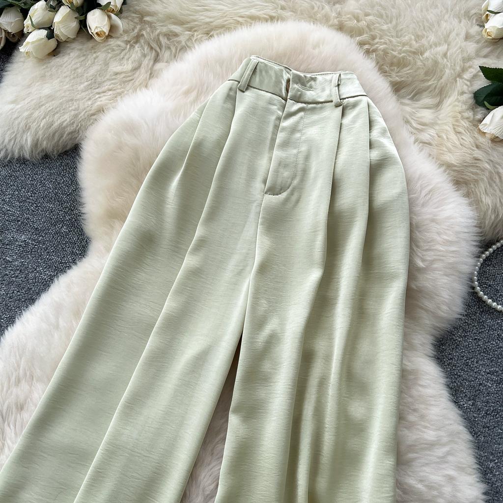 Summer Women Casual Smooth Satin High Waist Pant Trouser with Pocket for Girls