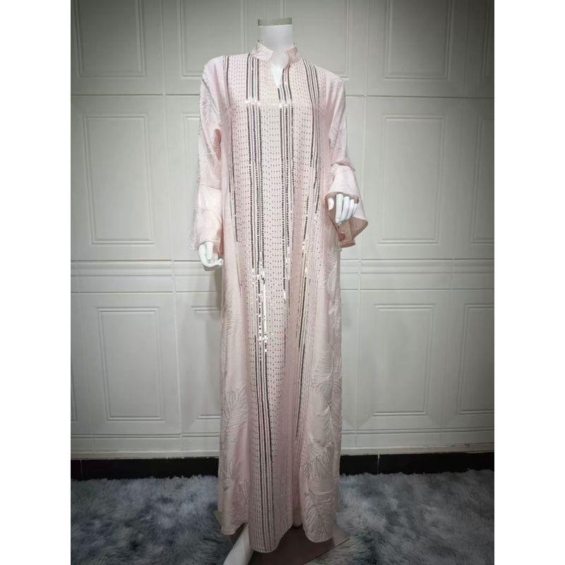 

New Middle East Dubai Long sleeve V-neck Robe Sequins Dress Sequin Flared Sleeve Dress Pink S