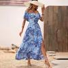 Women Summer Casual One Shoulder Sleeveless Flower Print Dress High Waist A-Line Belt Slit Ankle-Length Collar Dresses Spring