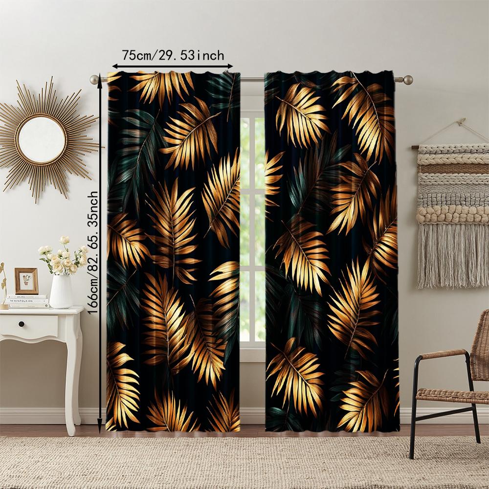 2 pcs   versatile polyester transparent curtains for home decoration Boho black Gold Leaf for use in bedrooms and living rooms