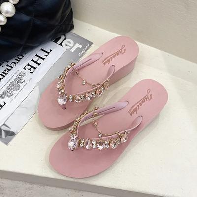 Damen Hausschuhe Mode 2024 Sommer Neu Wasserdiamant Flip Flops Damen Oberbekleidung Dicke Sohle Keilabsätze Strandurlaub Hausschuhe