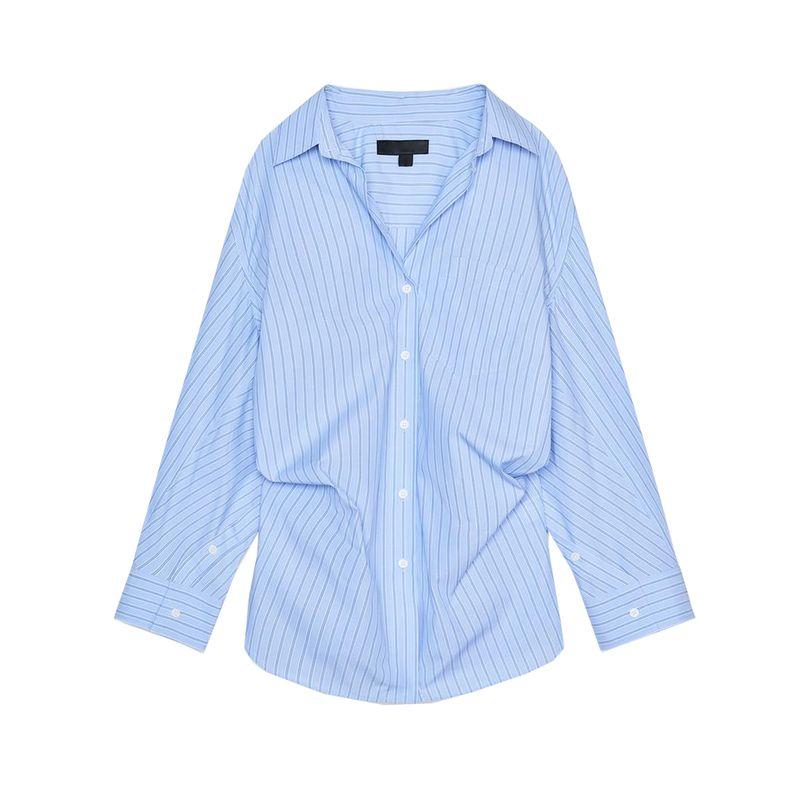 Summer New Product Women's Clothes Stripes Loose Poplin Long Sleeves Shirt 3520608 3067017 2020458