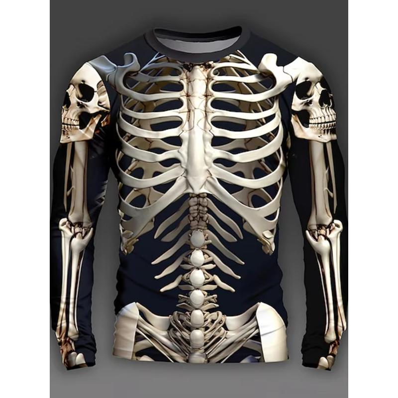 Halloween Mens Metallic Skeleton 3D Printed Tshirt Men Women Fashion O-Neck Long Sleeve T-shirt Exaggerated Casual Tops Tees New