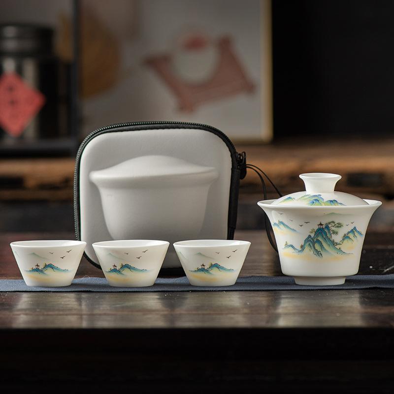 Travel Tea Set, Bowl Lid, Gaiwan,Tea Cup, Outdoor Kung Fu Tea Set, Portable Kuaike Cup, Sheep Fat Jade White Porcelain Gift