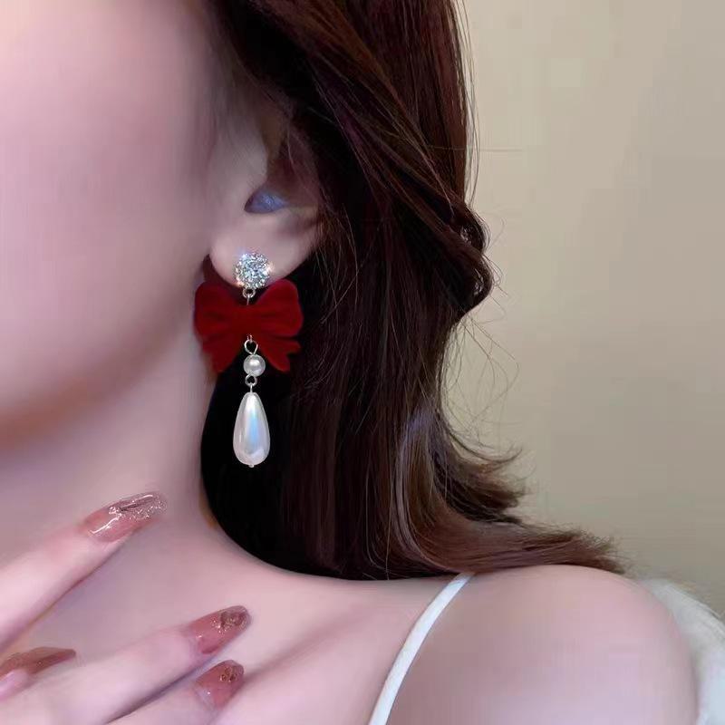 Burgundy Velvet Bow Pearl Earrings - Sweet, Elegant, Long Autumn/Winter New Year Accessories