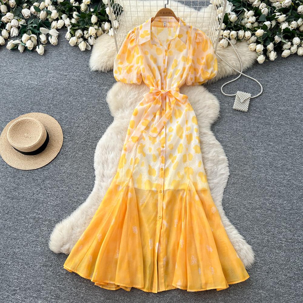Robe Mi-Longue Imprimé Léopard Style Designer pour Femme Décontractée Coupe Ample avec Manches Bouffantes Liens à Nouer Robe Longue en Mousseline
