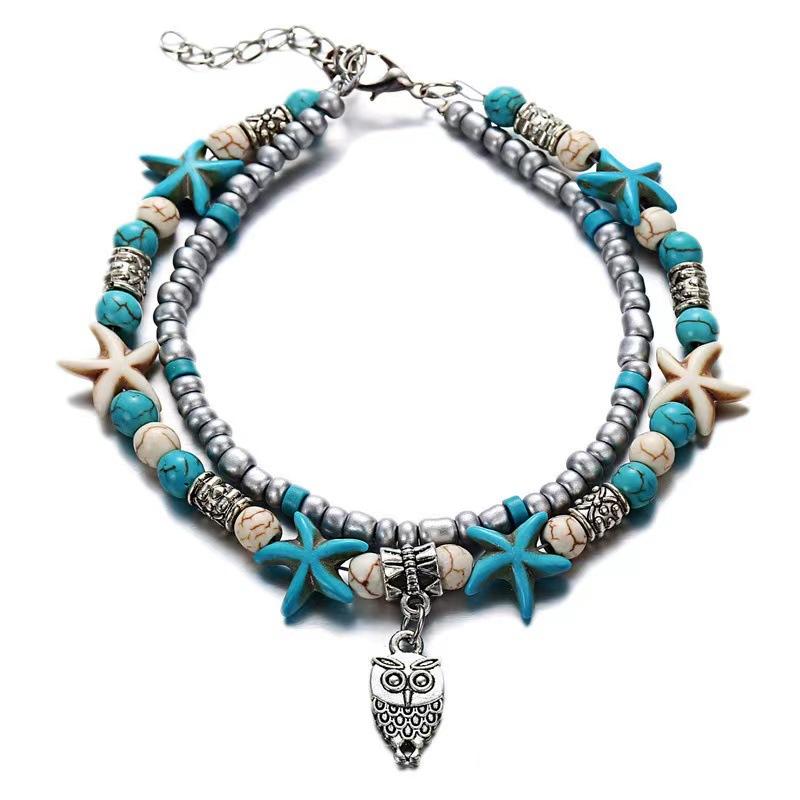 Vintage Turquoise Starfish Turtle Foot Ornaments Beach Layer Beaded Hollow Double Anklet for women Valentine's Day Gift