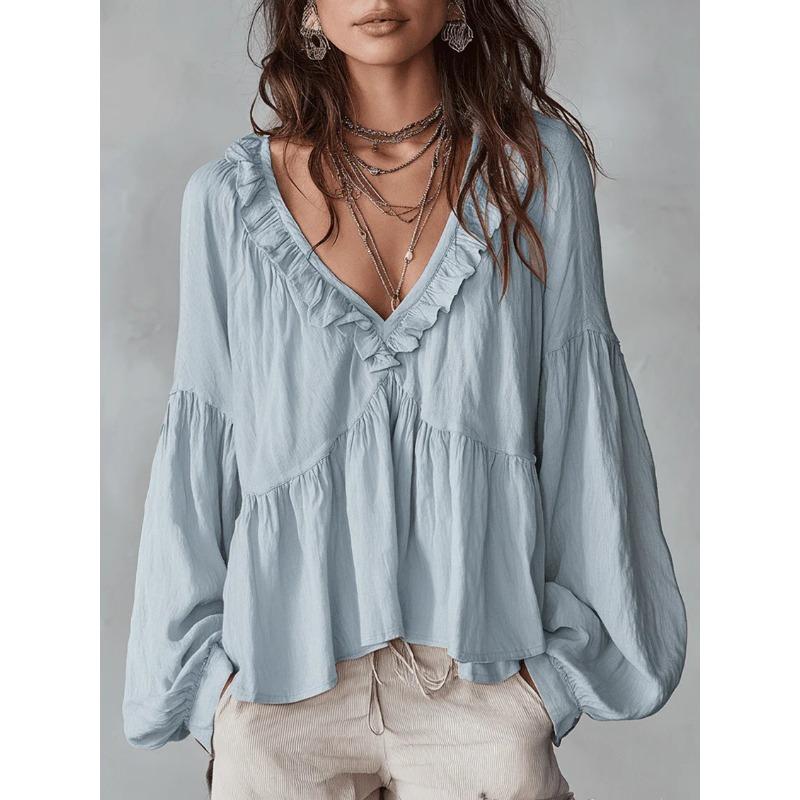 Women S Sweet Ruffled V Neck Puff Sleeve Loose Blouse For Spring Summer