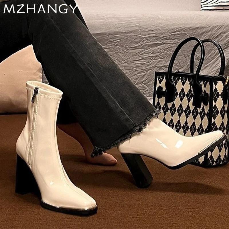 Women Leather Square Toe Ankle Boots Elegant High Heels Shoes Woman 2025 Trend Winter New Pumps Motorcycle Boots Mujer Botas