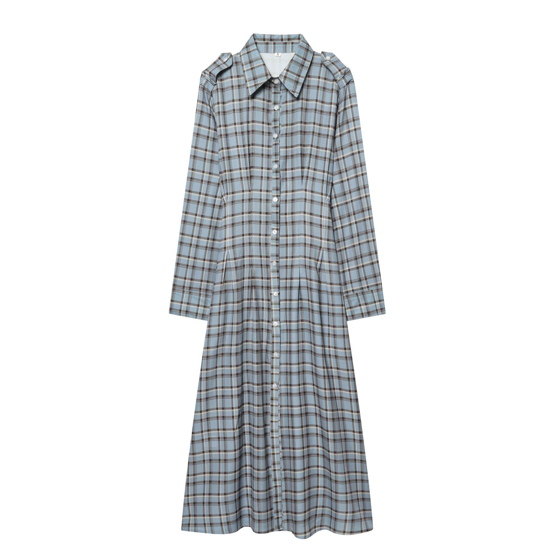 Spring 2026 Elegant Plaid-Trimmed Shirt Dress Extra Small