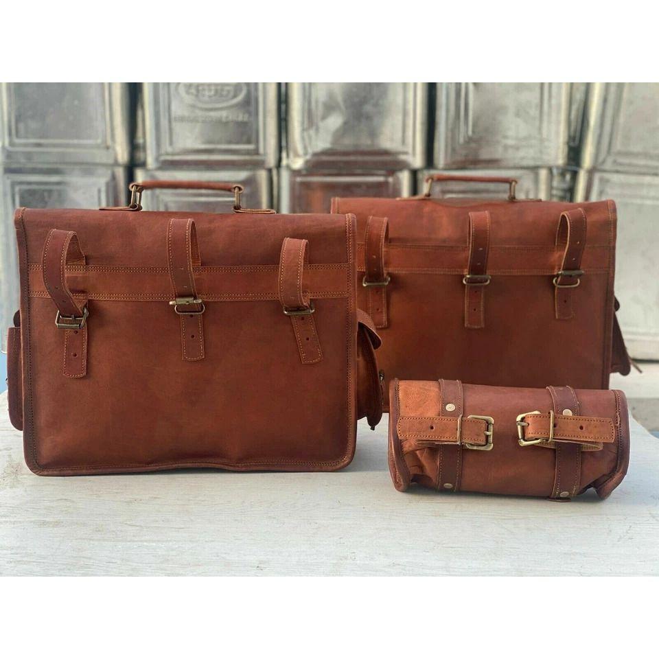 Goat Leather Motorcycle Saddle Bags Side Pouch Panniers Largest 3 Bags