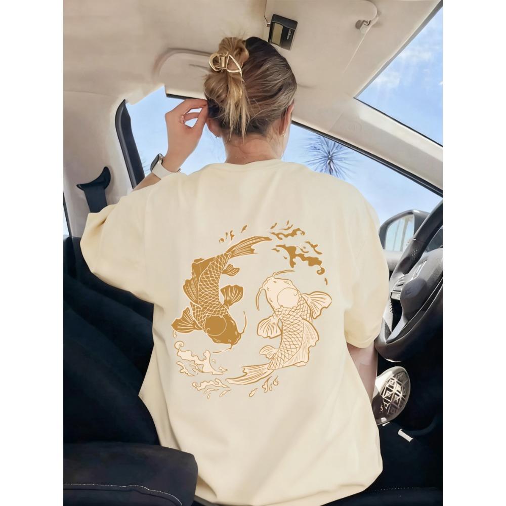 Japanisches Harajuku Koi-Print T-Shirt Damen Sommer Rundhals Kleidung Trendiges Kurzarm Atmungsaktives Y2K Damen-T-Shirt