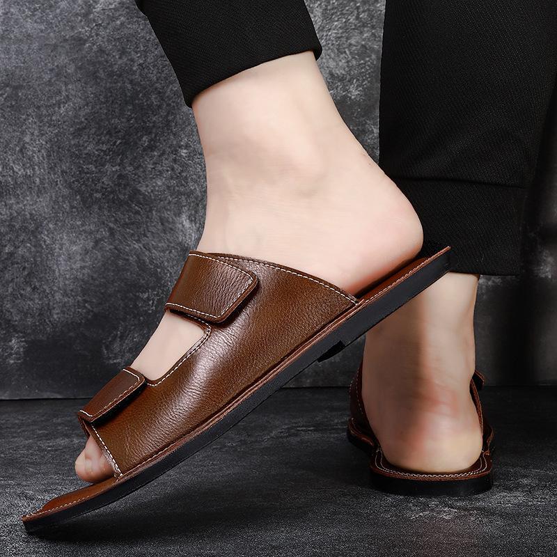 Men's Large Size High-End Leather Beach Sandals - Soft Sole Single Strap Summer Slippers (Sizes 46-47)