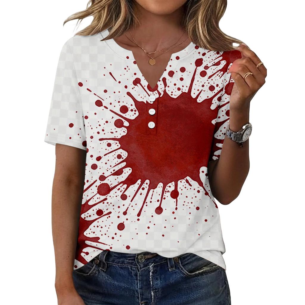 Women's Casual Halloween Print V Neck Short Sleeve Button Front T Shirt Top Lightweight Comfortable Summer Blouse