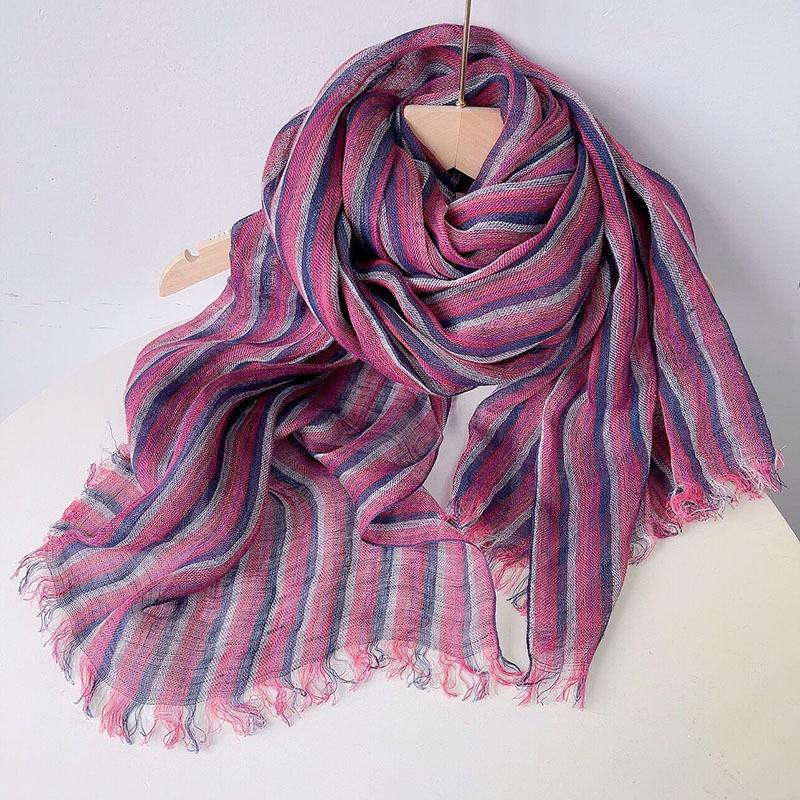 Striped Thin Linen Scarf Men And Women Couples Versatile Shawl Rough Edge Dual-Purpose Shawl Summer Sunscreen Silk Scarf